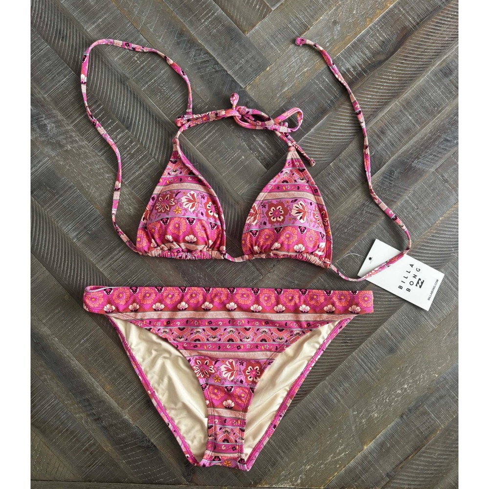 Billabong Womens Pink Boho Floral Triangle Bikini Set Swimsuit NWT XL L